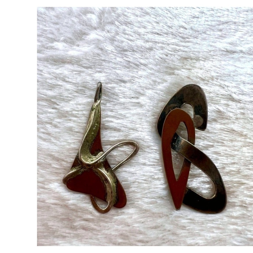 2 Artisan Abstract Pendants Mixed Metal Modernist Handmade Brutalist Copper‎ Art